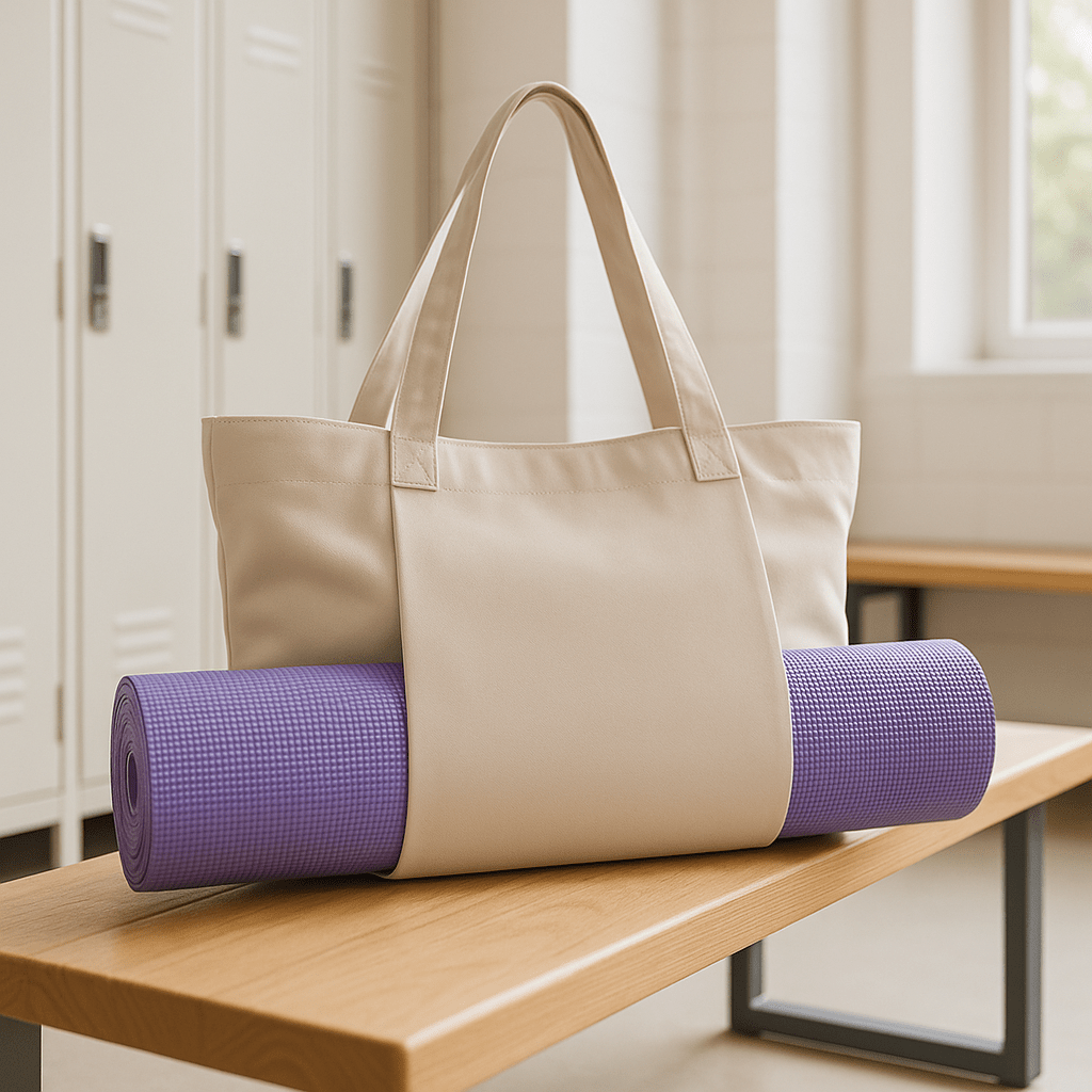 sac tapis yoga beige sur banc vestiaire