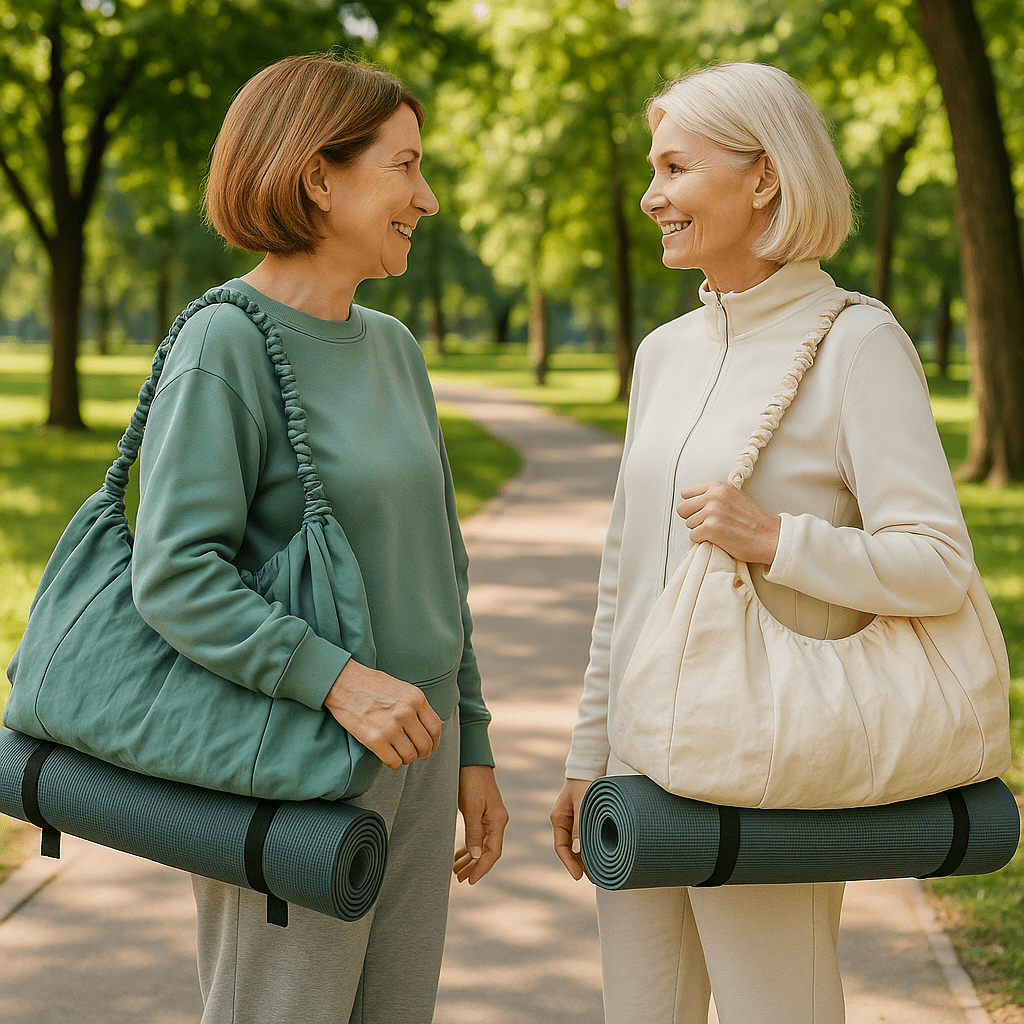 sac tapis yoga deux femmes se retrouvant au parc pour faire yoga