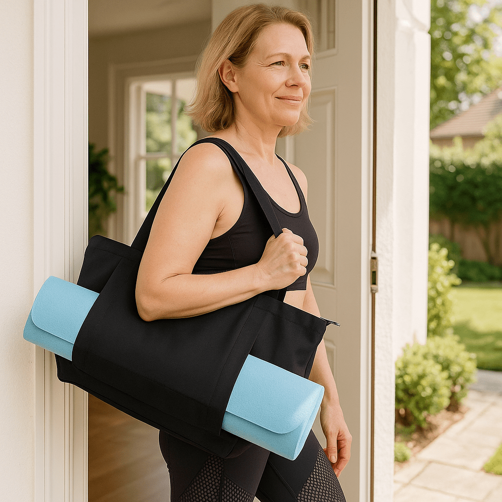sac-tapis-yoga-femme-devant-sa-porte-entree