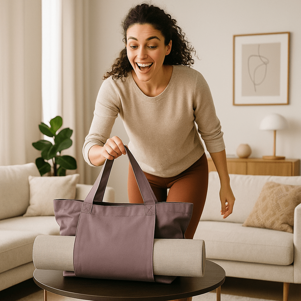 sac tapis yoga femme partant a sa seance dans son salon