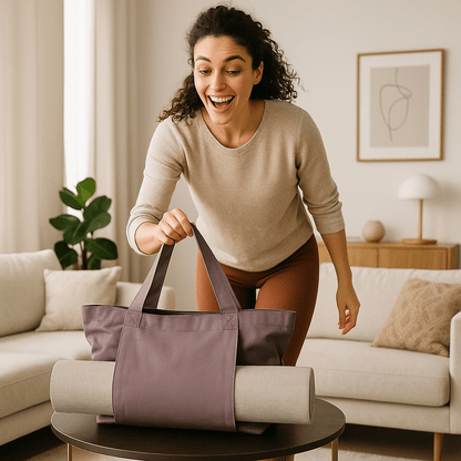 sac tapis yoga femme partant a sa seance dans son salon