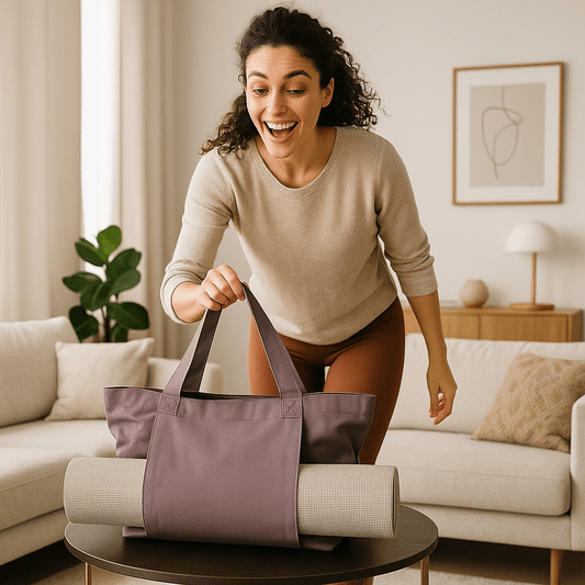 sac tapis yoga femme partant a sa seance dans son salon