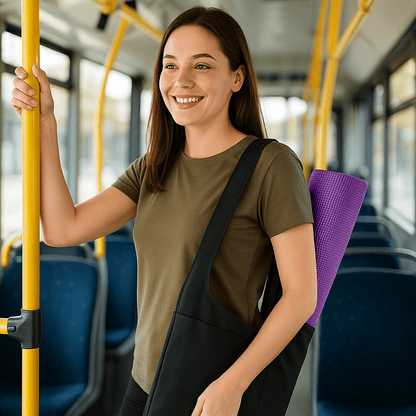 sac tapis yoga femme souriante dans bus partant au yoga