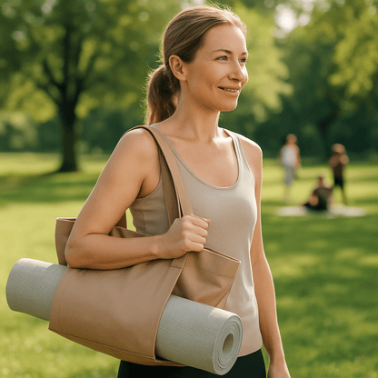 sac tapis yoga parc femme arrivant pous sa seance