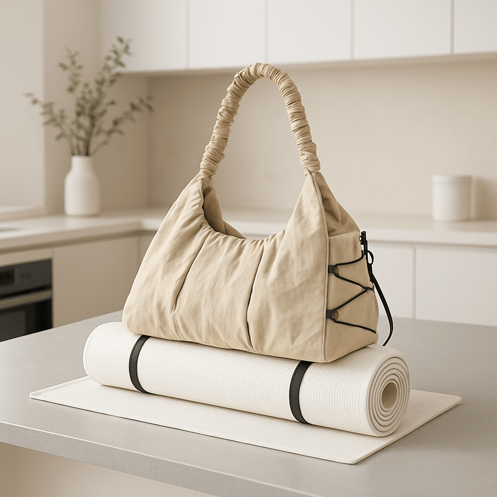 sac tapis yoga sur table dans la cuisine