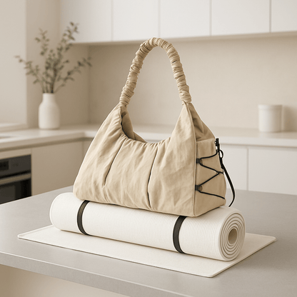 sac tapis yoga sur table dans la cuisine