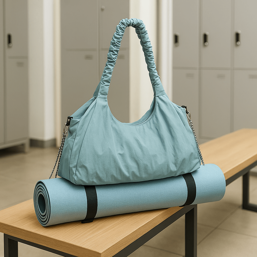 sac tapis yoga vert sur banc vestiaires