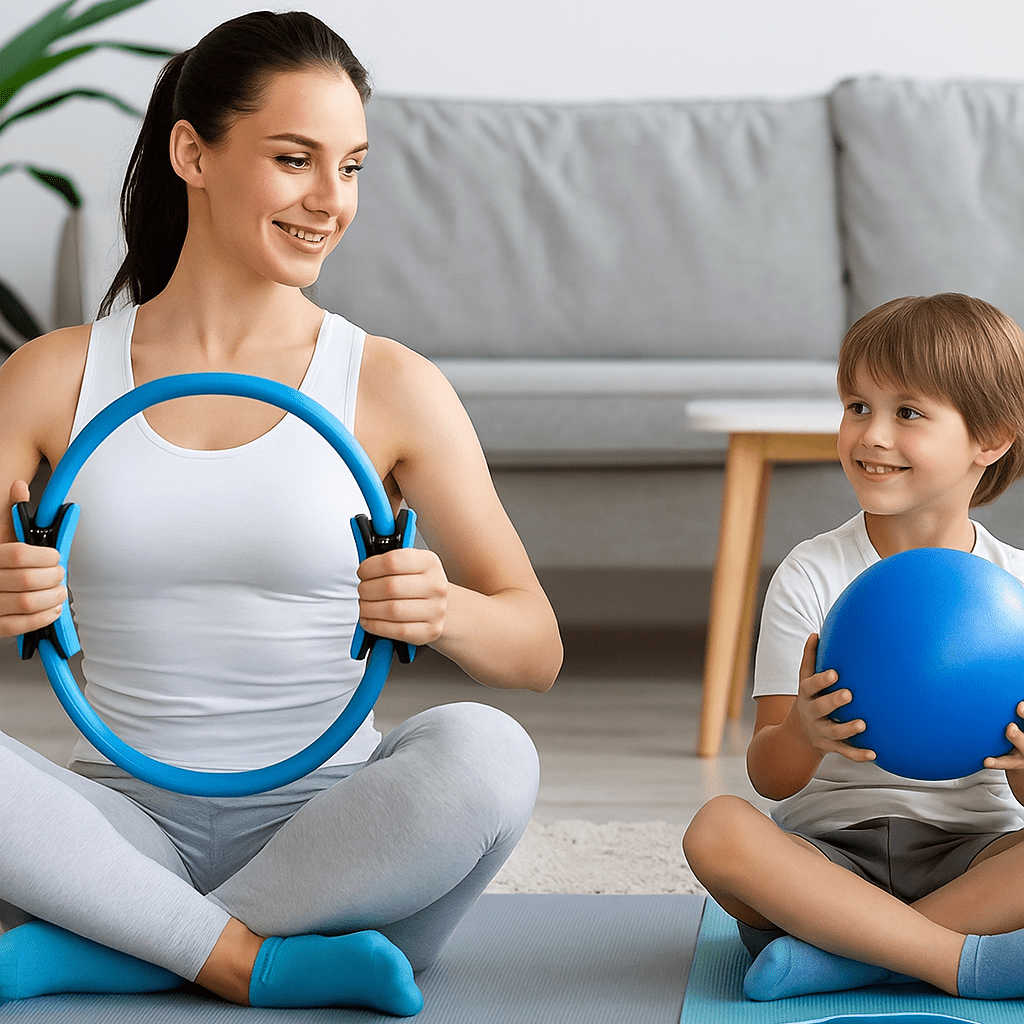 swiss ball mere et fils faisant exercices dans son salon