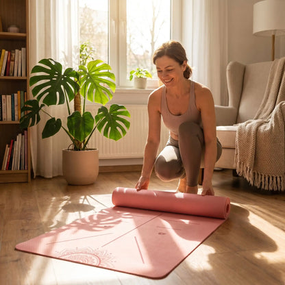 tapis de Pilates femme dans salon pliant son tapis