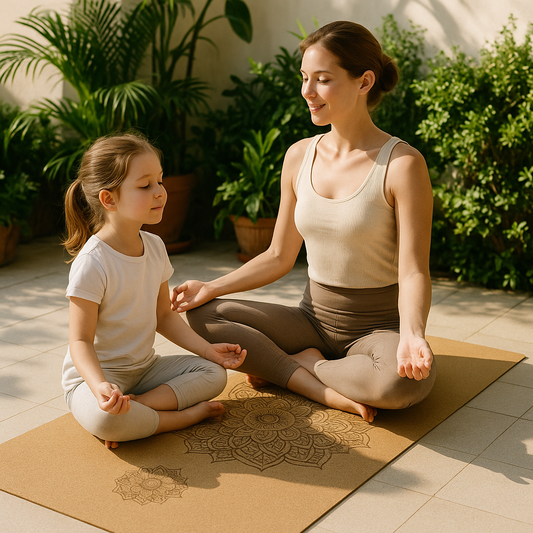 tapis de pilates femme et enfant position lotus