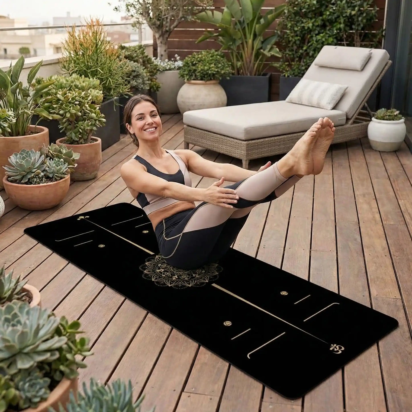 tapis de Pilates femme exercices sur terrasse en bois