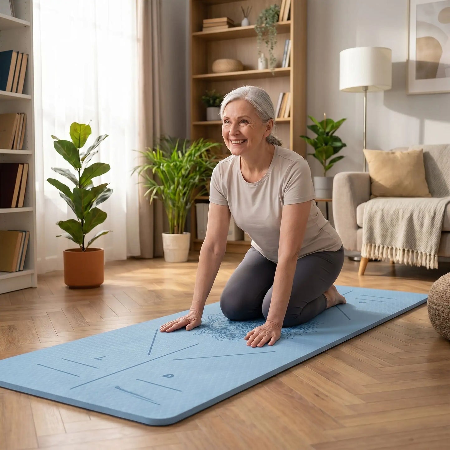 tapis de Pilates femme souriante sur son tapis commençant son entrainement