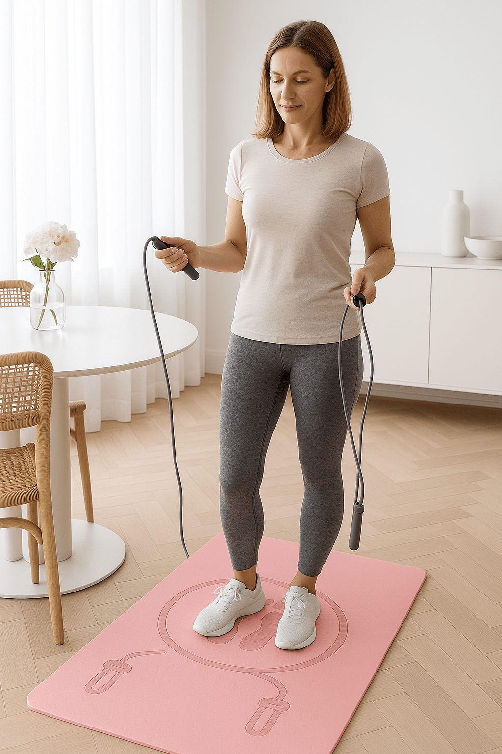 tapis de sport rose femme dans sa salle a manger
