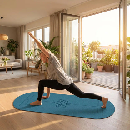 tapis de yoga bleu profond femme exercices yoga salon