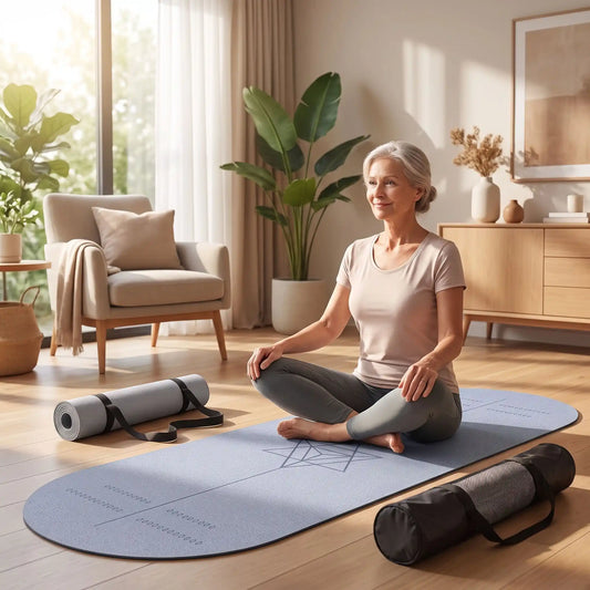 tapis de yoga femme 55ans seance a domicile relaxation