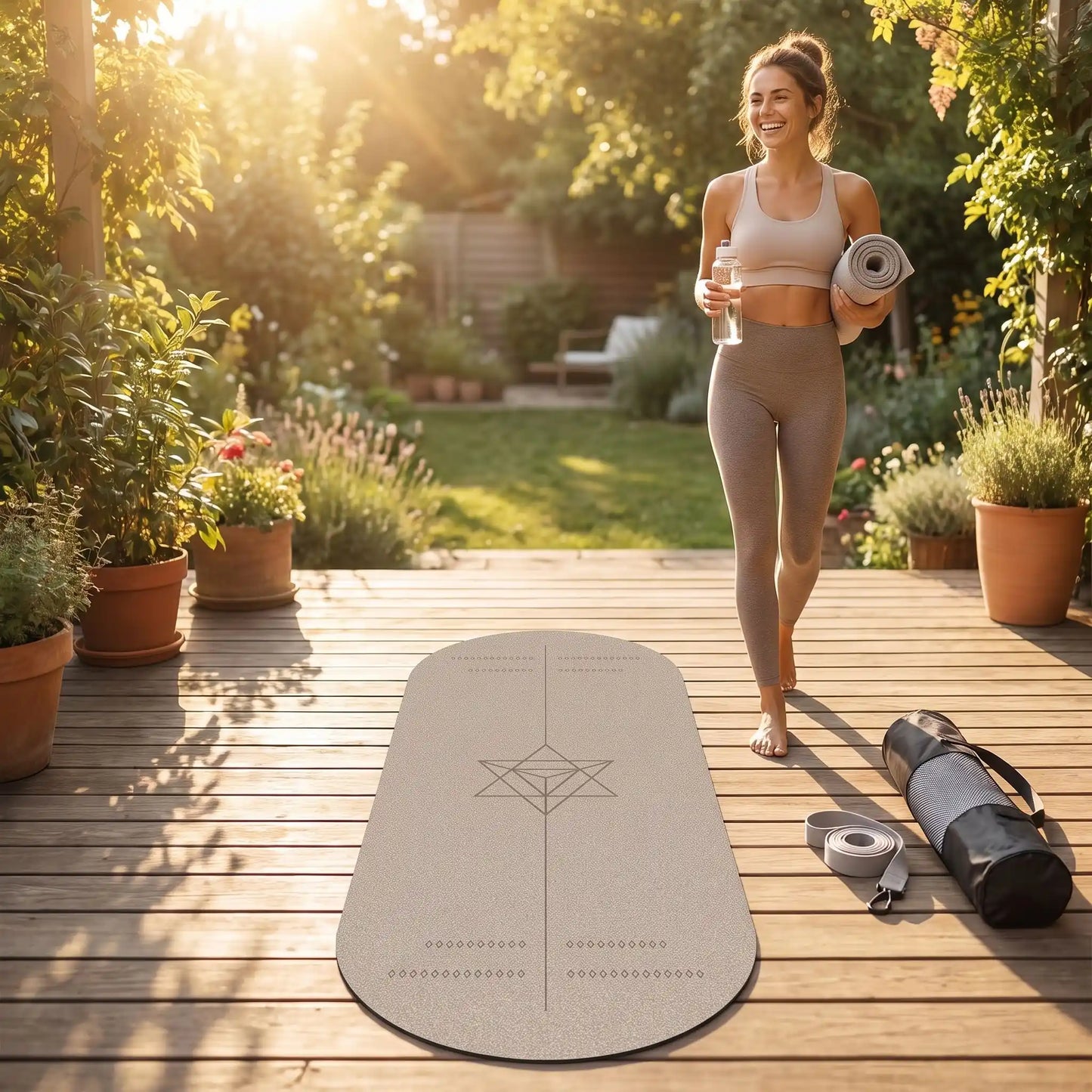 tapis de yoga femme terrasse avec tapis ovale beige