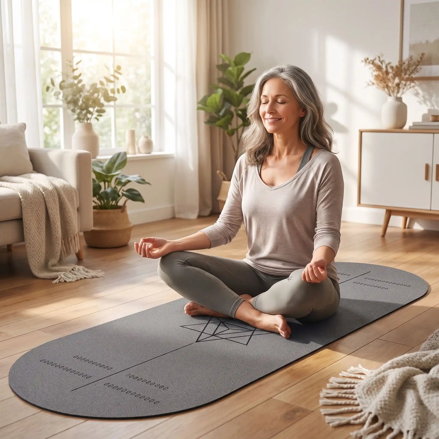 tapis de yoga gris femme 55ans dans salon relaxation