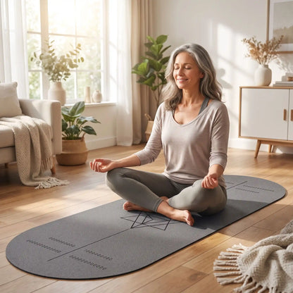 tapis de yoga gris femme 55ans dans salon relaxation