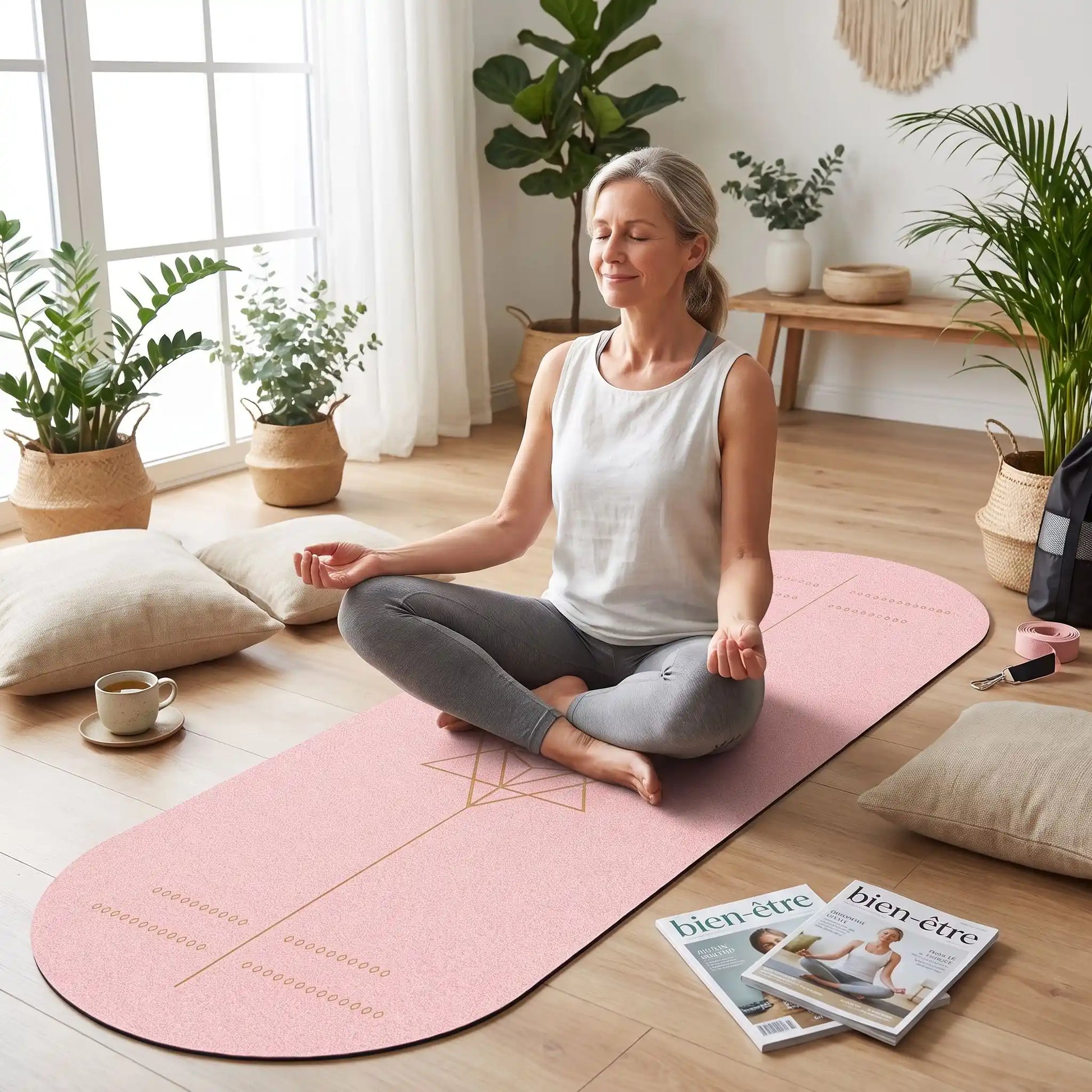 tapis de yoga rose ovale femme position lotus
