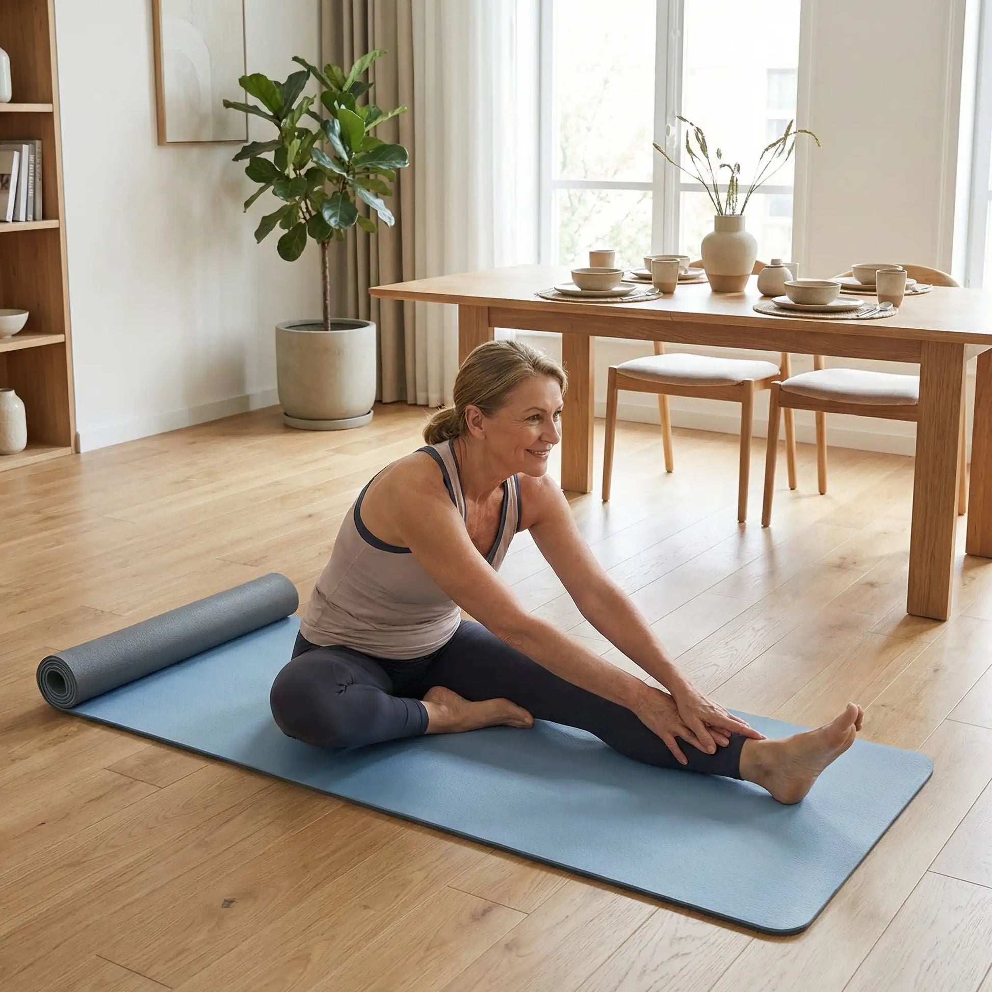 tapis pilates femme entrainement pilates salle manger