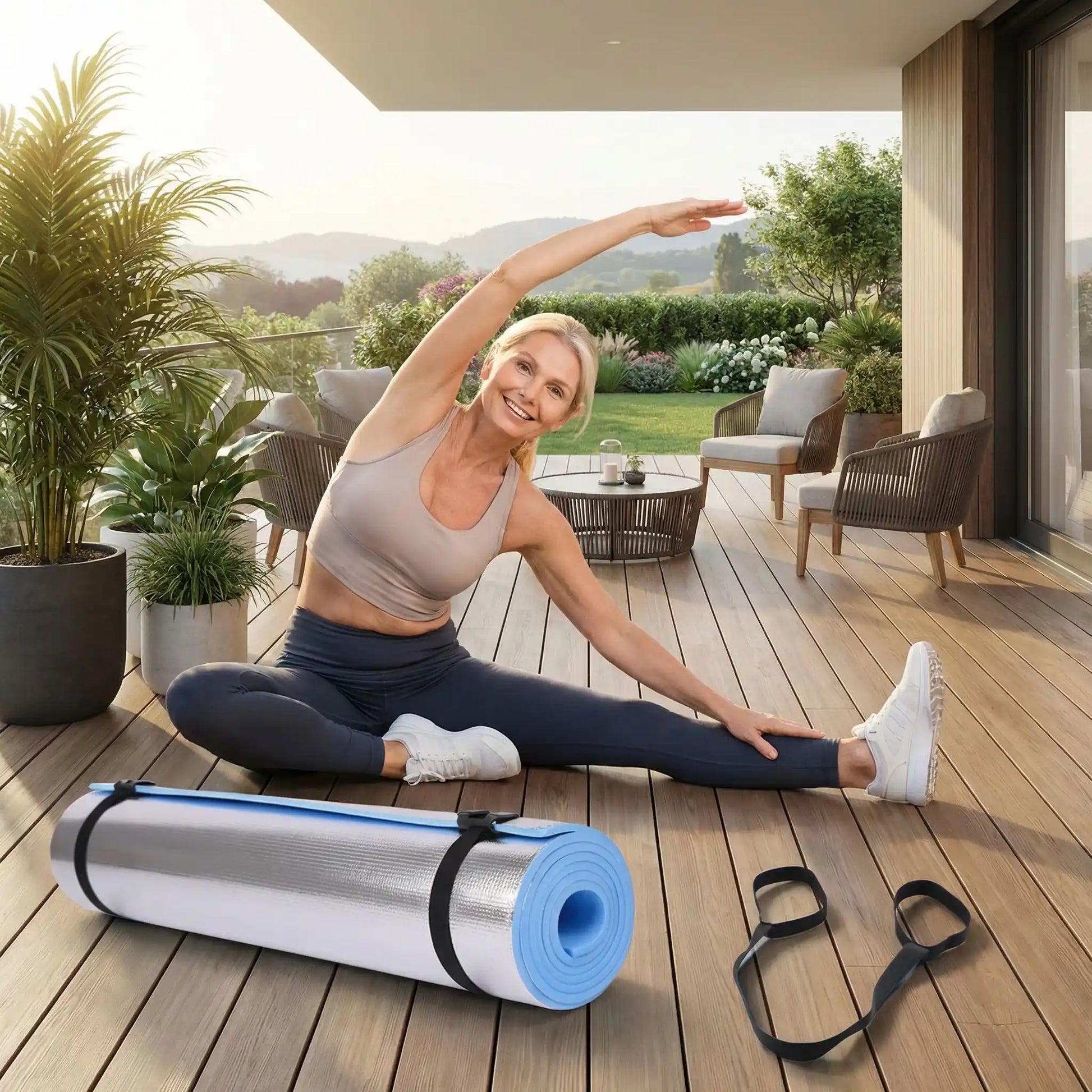 tapis pilates femme exercices sur sa terrasse