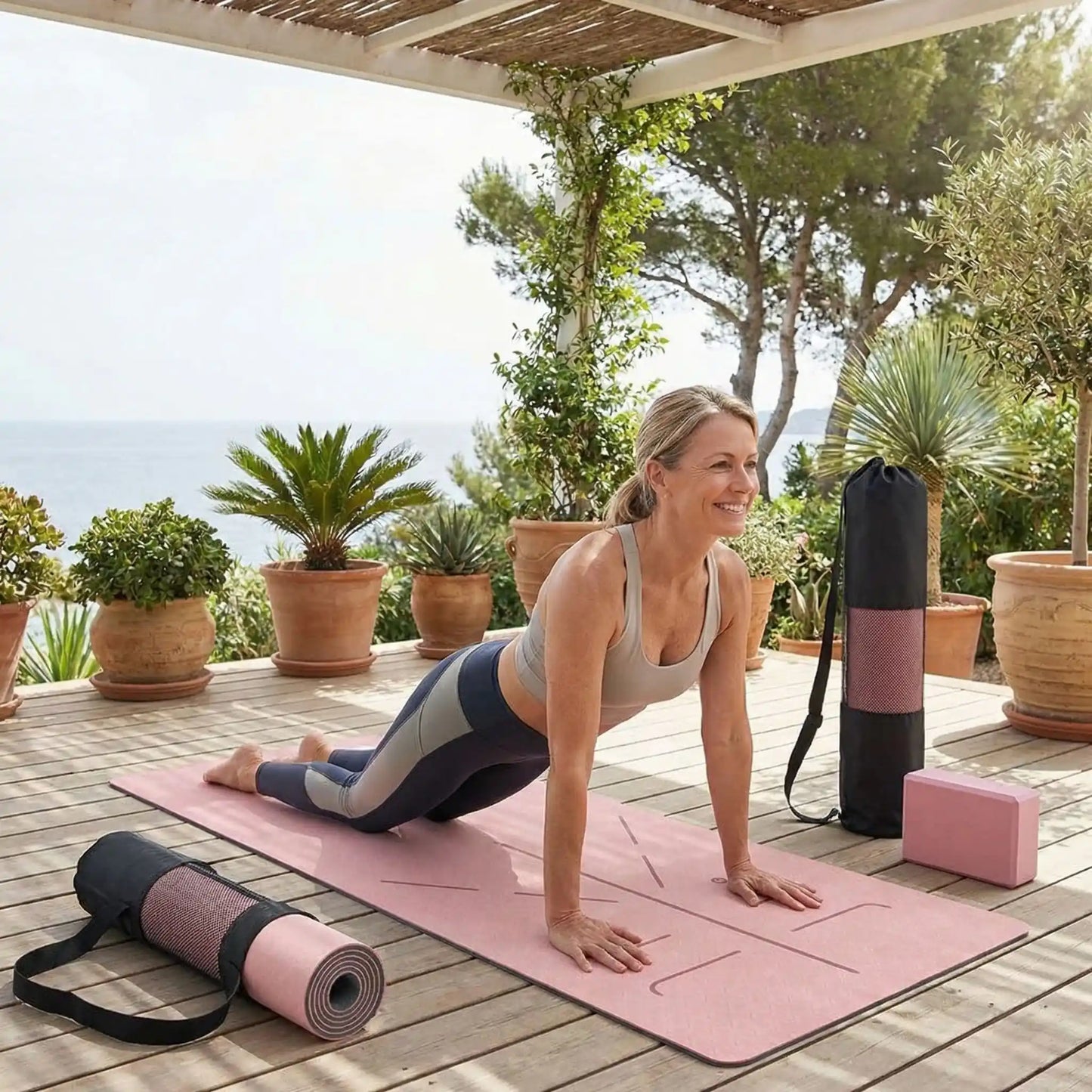 tapis pour pilates femme sur terrasse entraienement