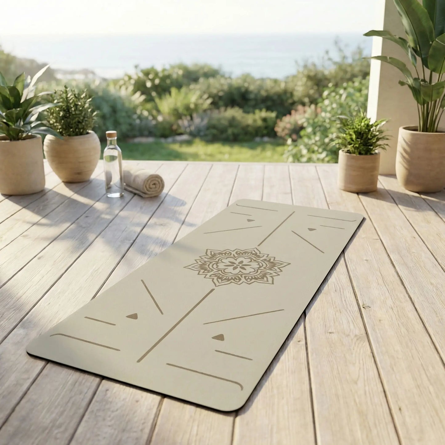 tapis yoga beige sur une terrasse