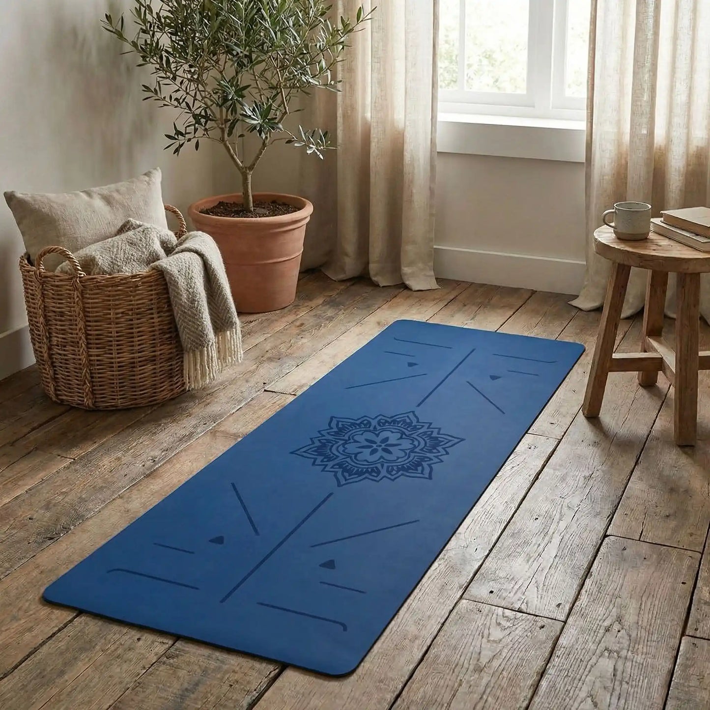 tapis yoga bleu foncé dans salon