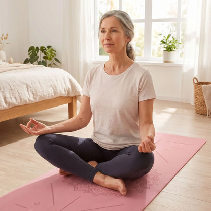 tapis yoga femme matin faisant son exercice méditation lotus
