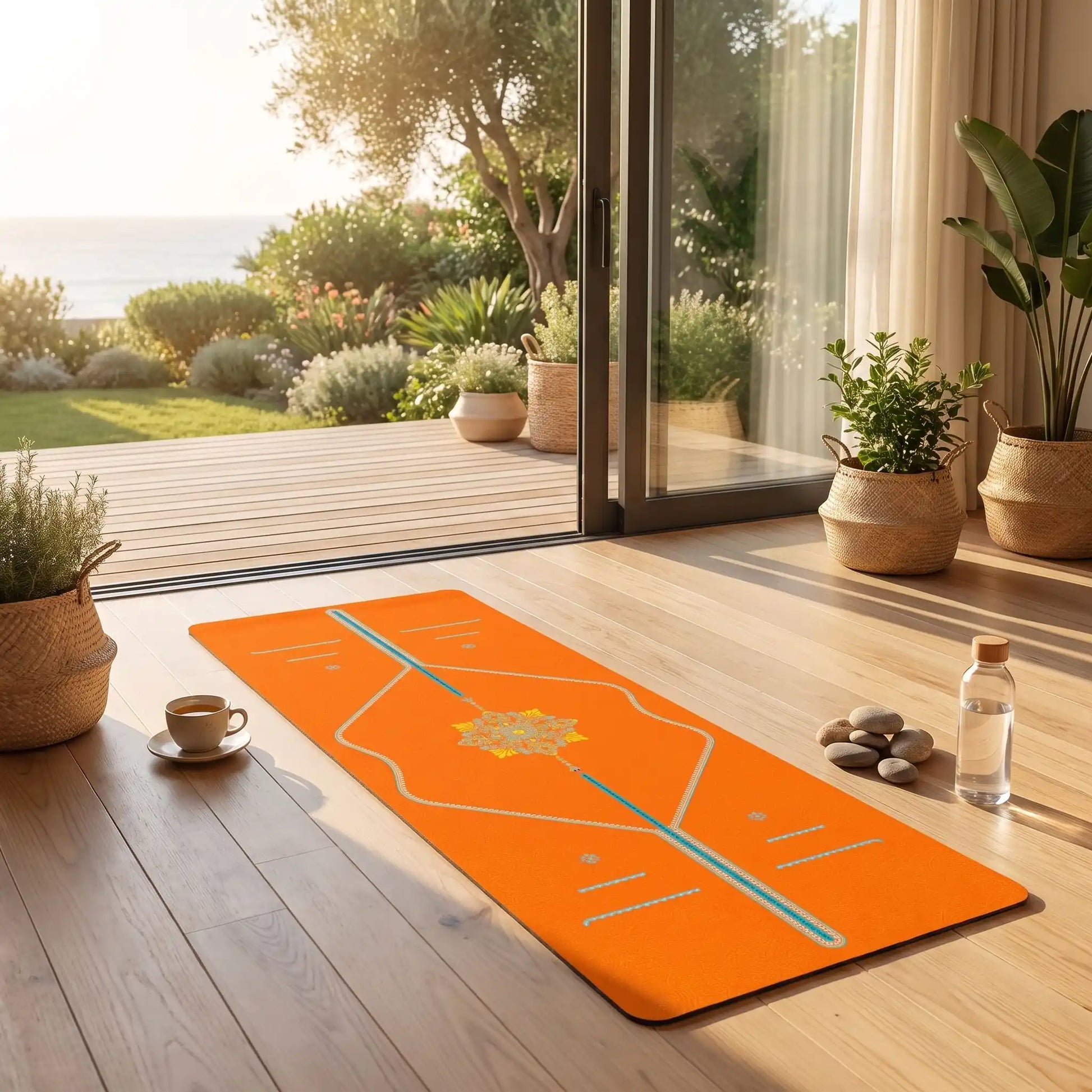 tapis yoga orange devantbaie vitrée