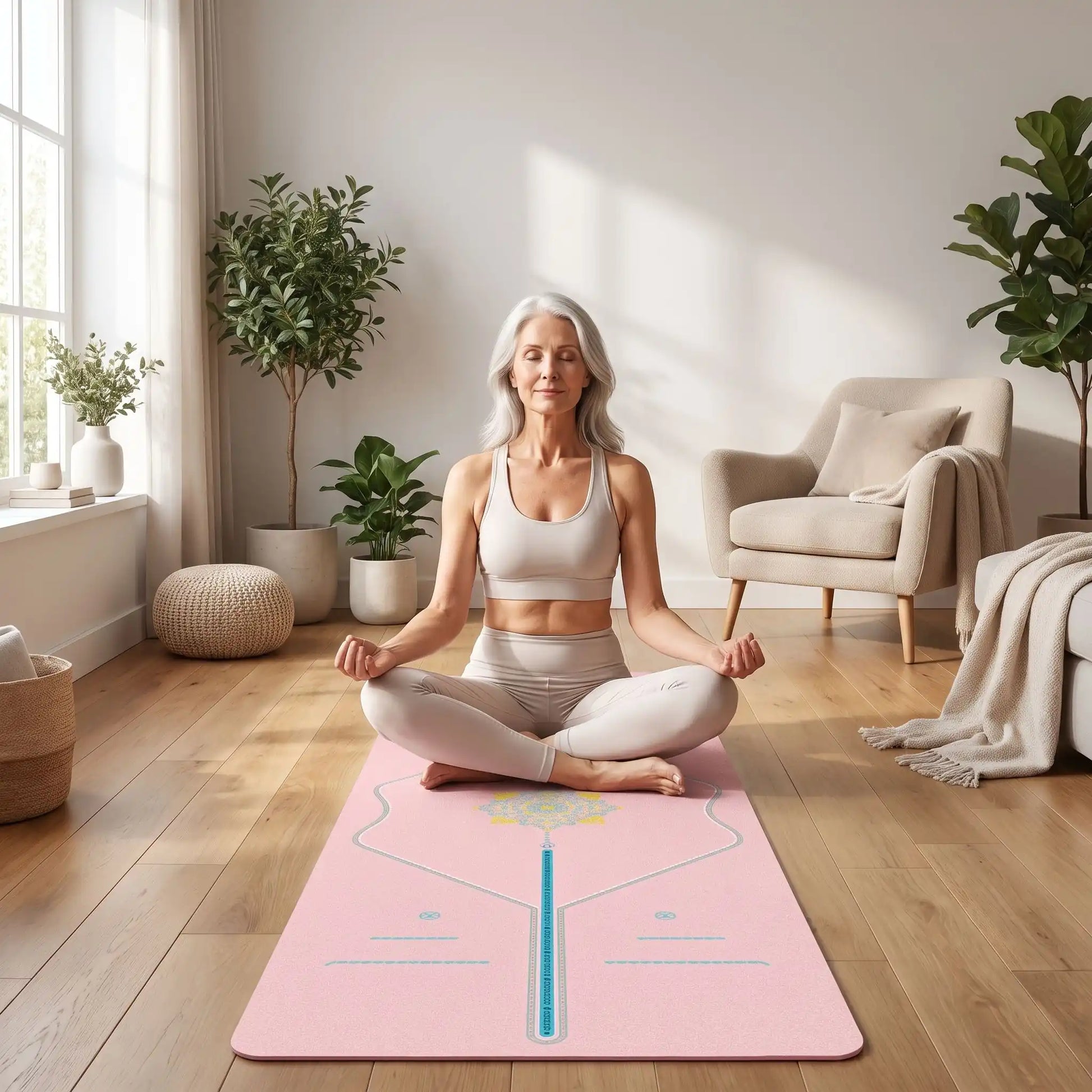 tapis yoga rose femme 60ans position lotus