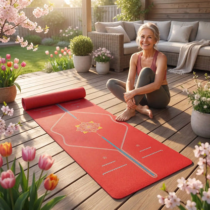 tapis yoga rouge femme souriante terrasse séance yoga