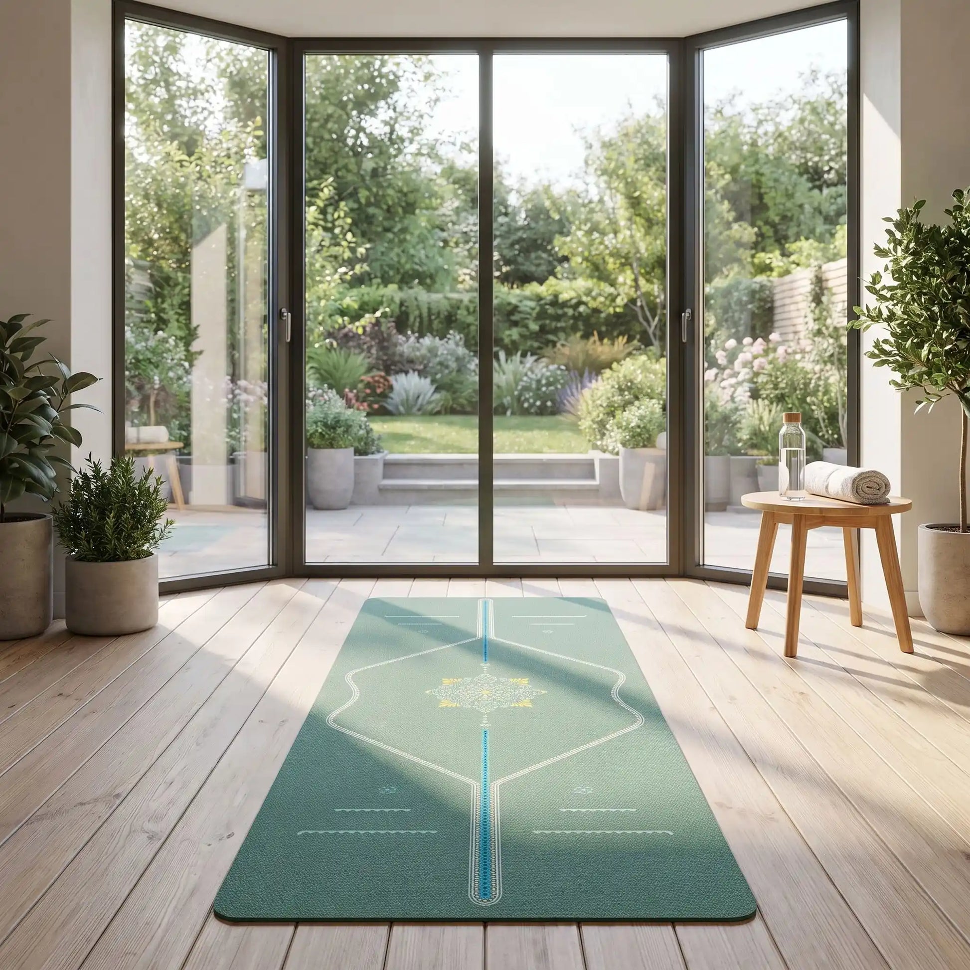 tapis yoga vert clair devant baie