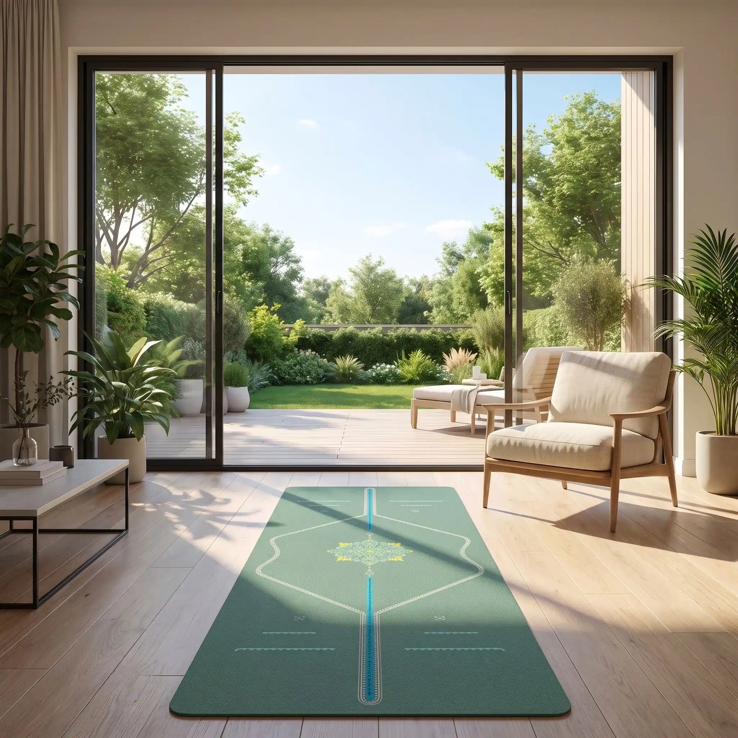 tapis yoga vert devant baie vitrée domicile