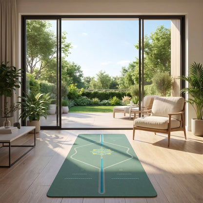 tapis yoga vert devant baie vitrée domicile