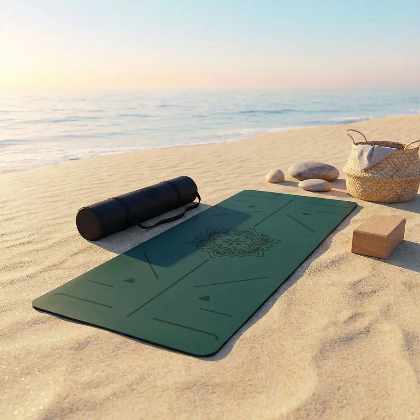 tapis yoga vert foncé sur plage