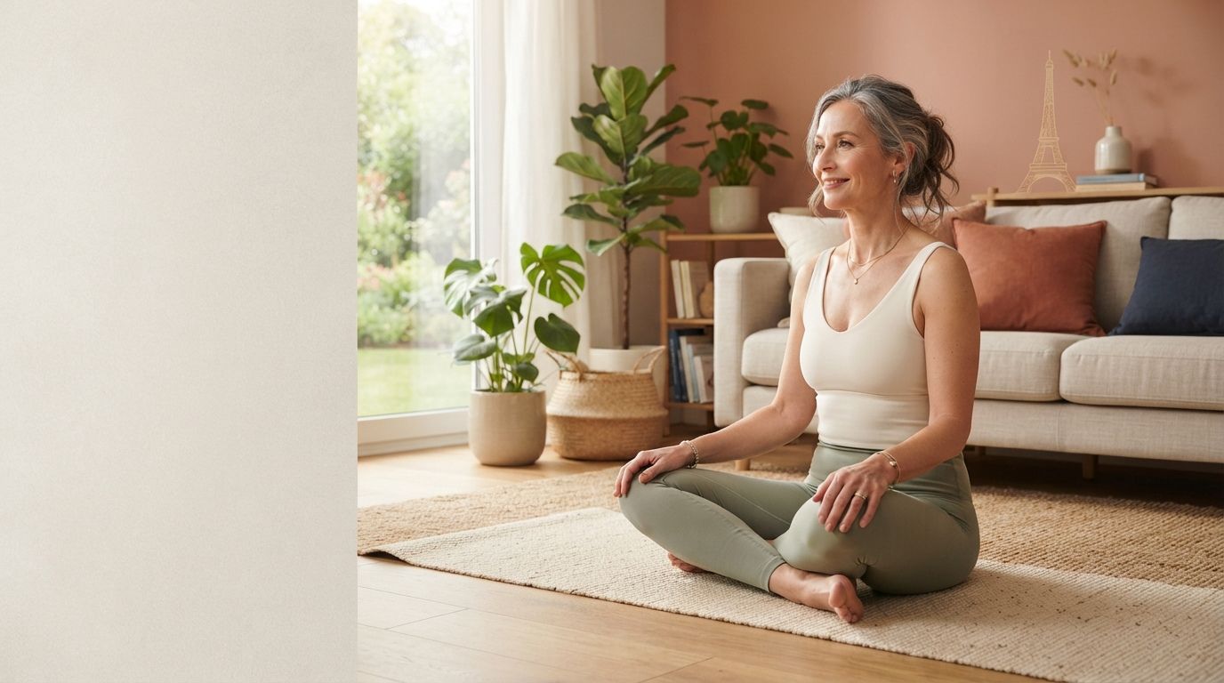 yoga a domicile femme 50ans dans son salon méditation