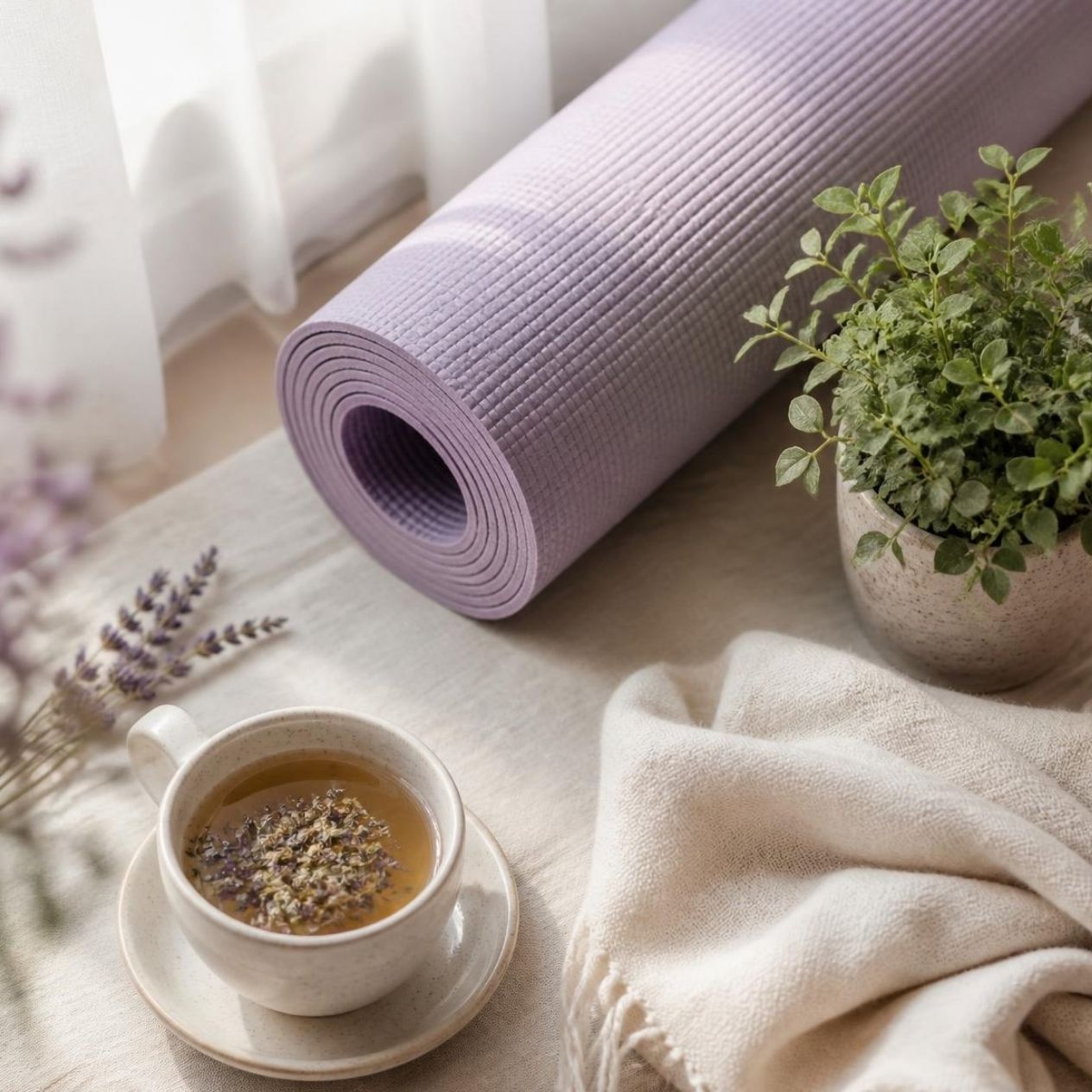Yoga et Pilates sport doux à domicile un tapis un bon thé