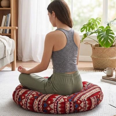 Zafu à domicile femme en position lotus