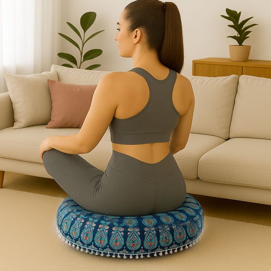 Zafu bleu exercies respiration par une femme