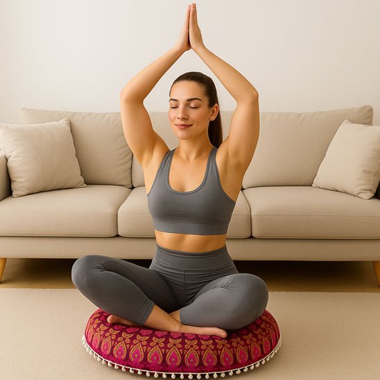 Zafu femme faisant du yoga relaxation