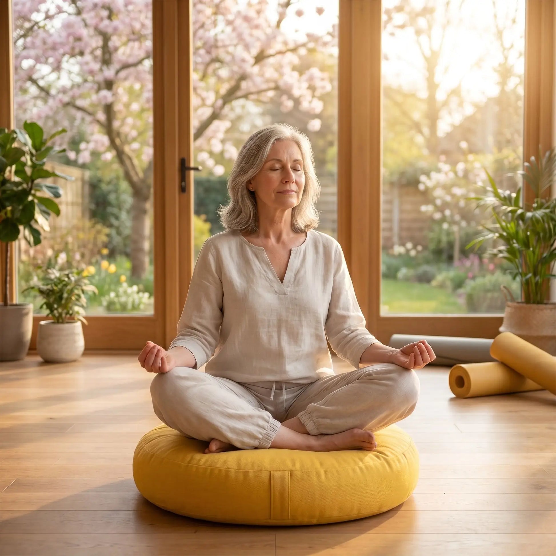 zafu jaune femme au studio faisant méditation