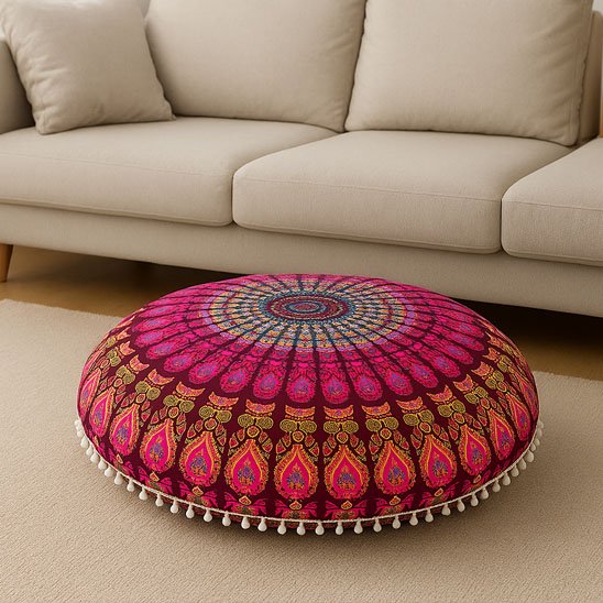 Zafu motif rouge dans un salon