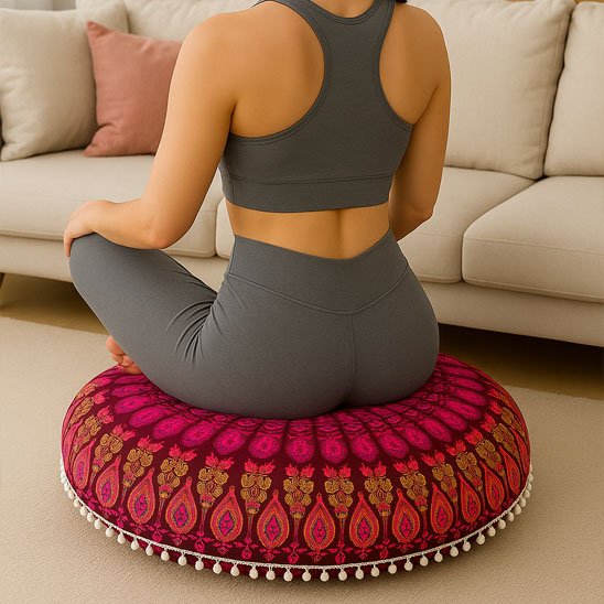 Zafu rouge femme en tailleur sur le coussin dans son salon